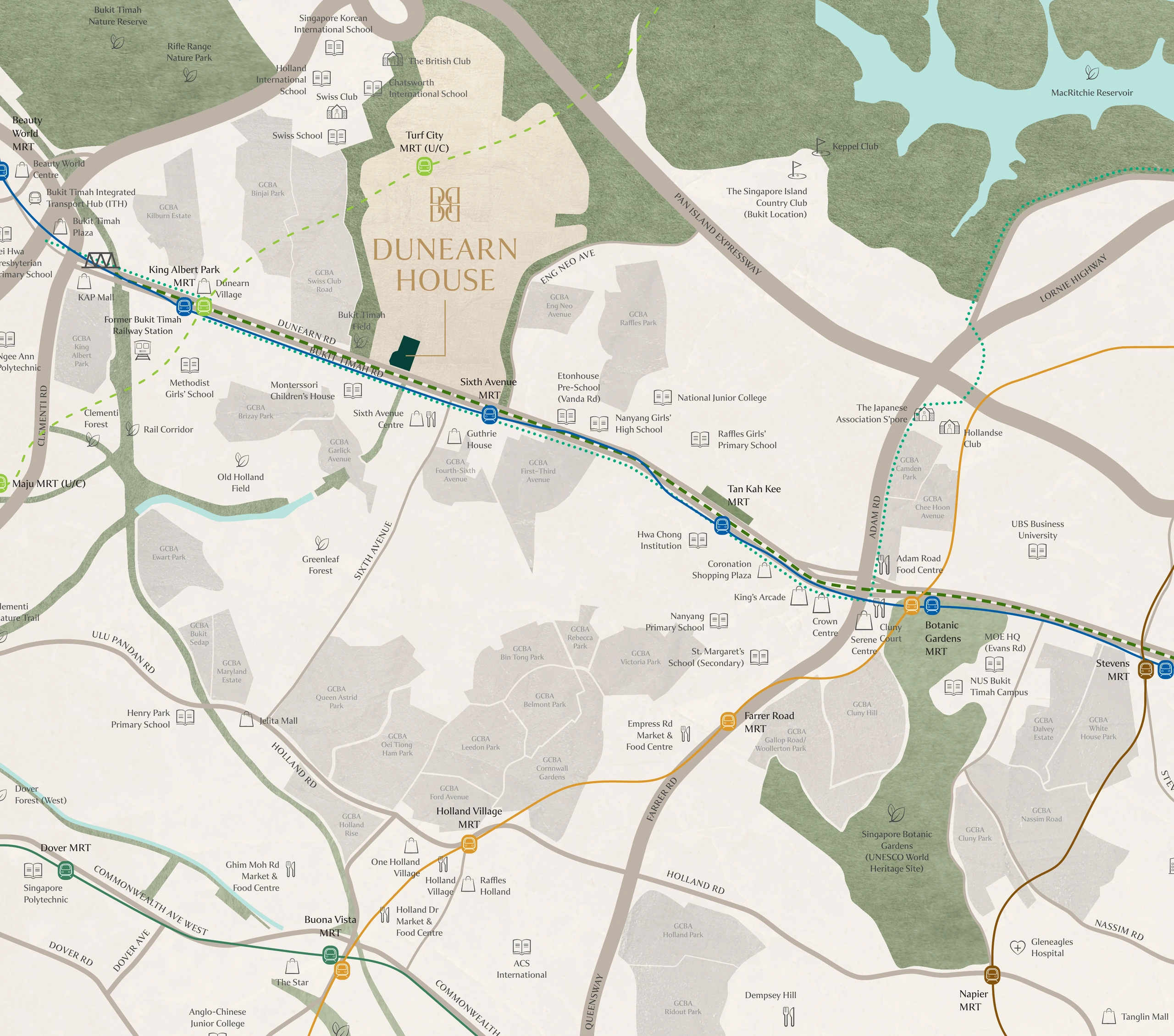 Dunearn House connectivity location map showing nearby MRT stations, schools and amenities