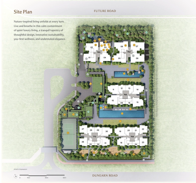 Dunearn House site plan showing the amenity zones across the estate